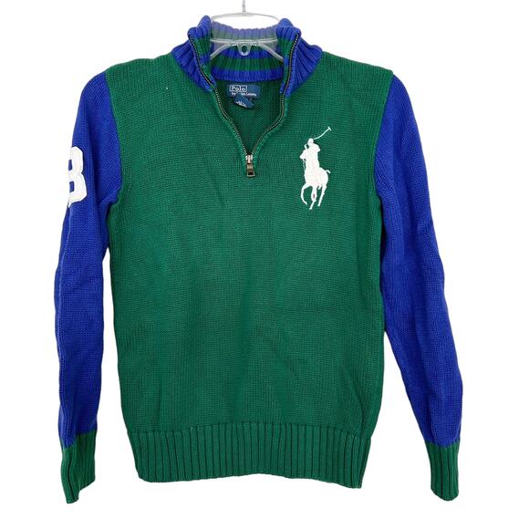 Polo Ralph Lauren Green Blue Big Pony Logo Quarter Zip Sweater Sz M Kids - Picture 6 of 6